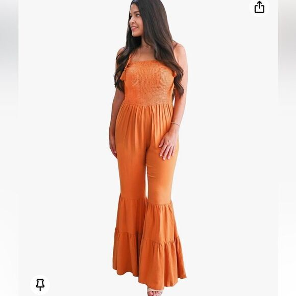 Main Strip- Women’s Golden Mustard Maggie Festival Smocked Jumpsuit Wide Leg, Lg - Picture 4 of 16